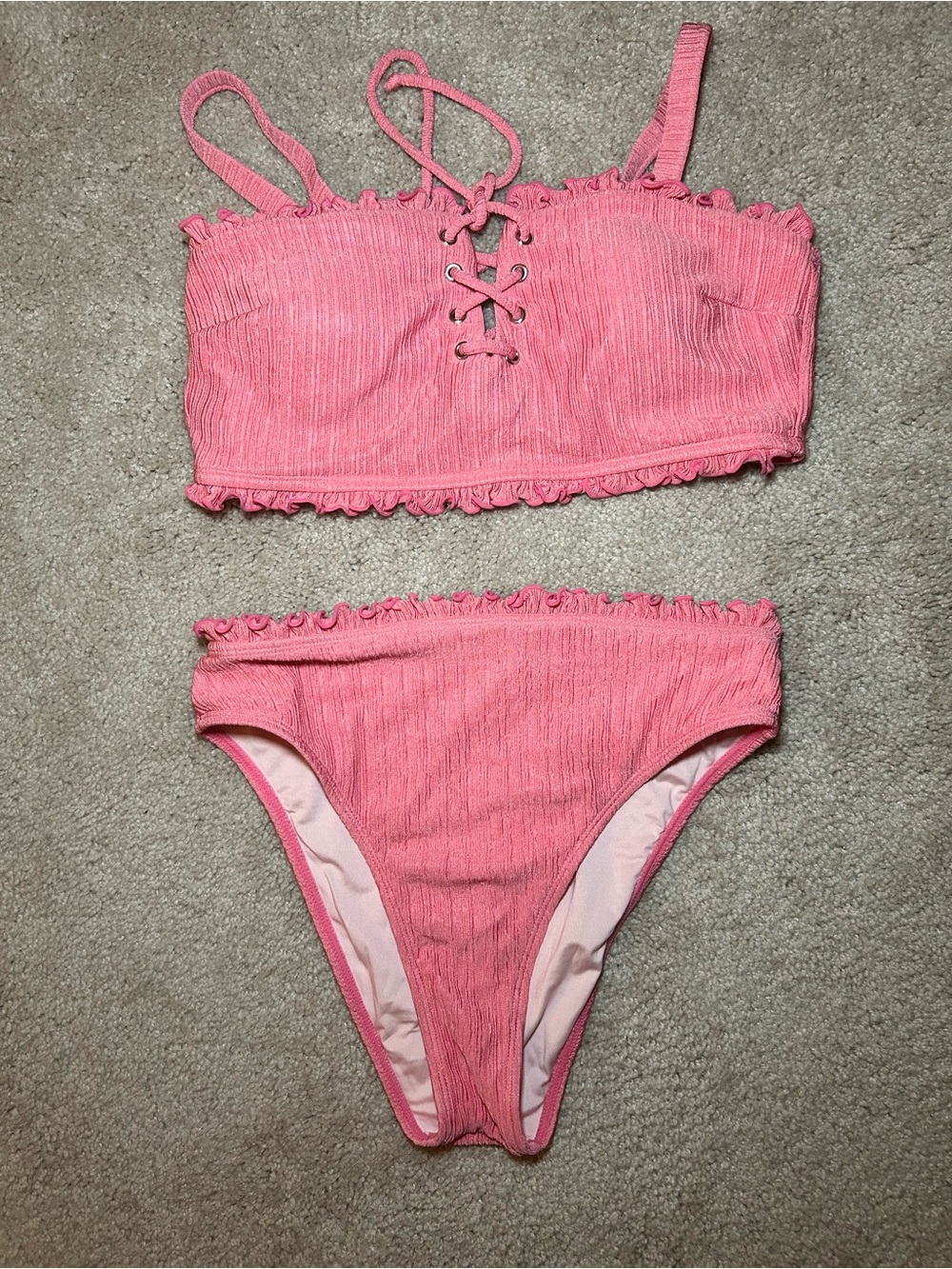 Cupshe Pink Ruffled Lace-Up Bikini Set